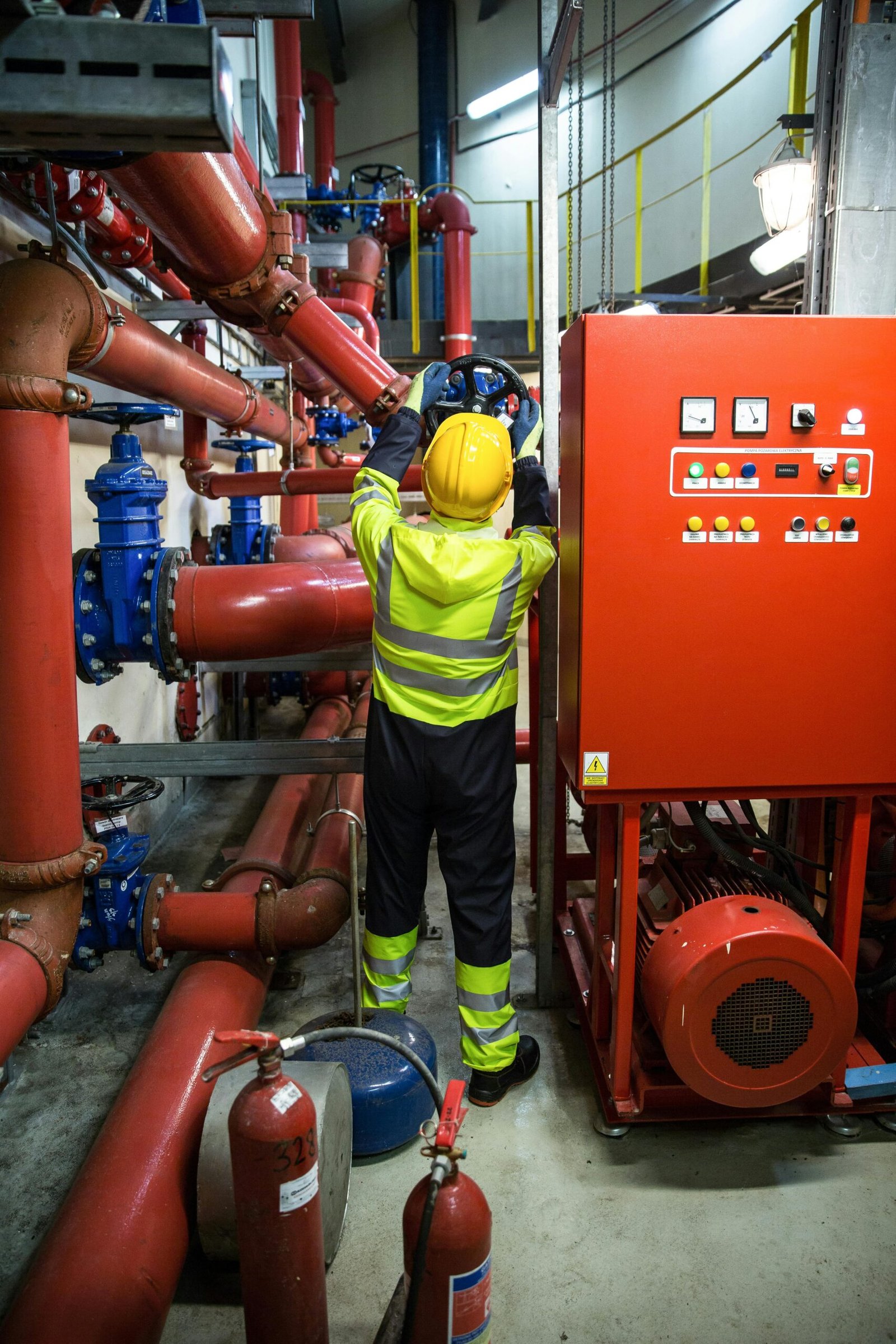 Worker in uniform operates machinery in industrial setting, emphasizing safety and productivity.